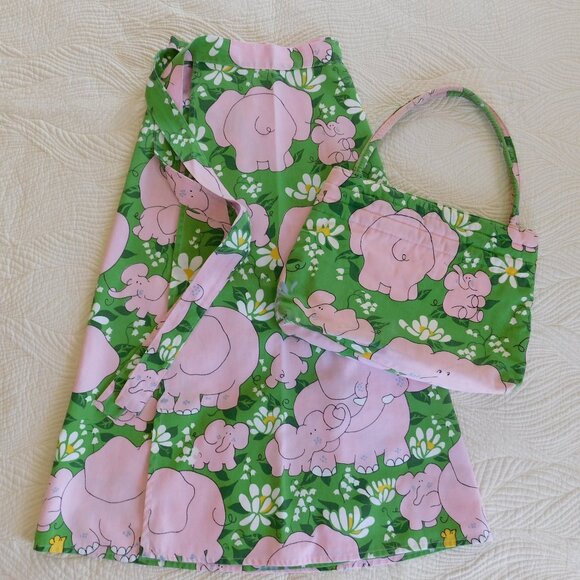VTG Katashas Unusuals pink elephant novelty wrap skirt & rare matching book tote - Picture 1 of 16